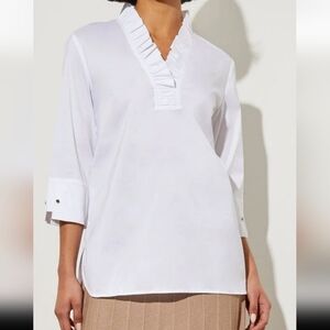 Ming Wang Ruffle Collar Shirt V Neck Sz XL White Cotton Top Blouse